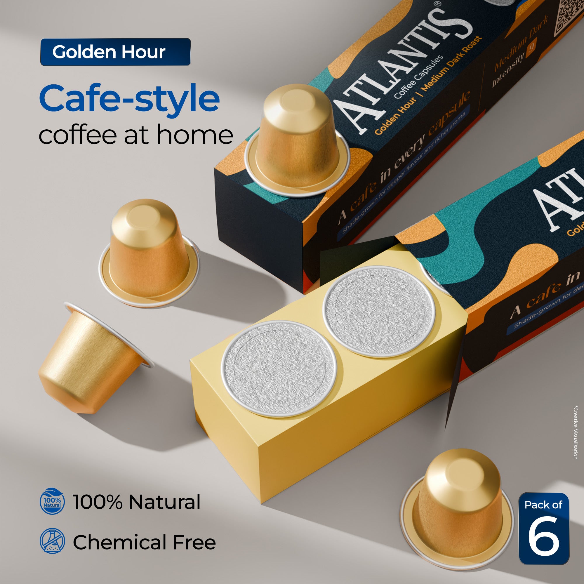 Atlantis Golden Hour Coffee Capsules | Nespresso Compatible | Medium Dark Roast | Intensity 9 | Pack of 6