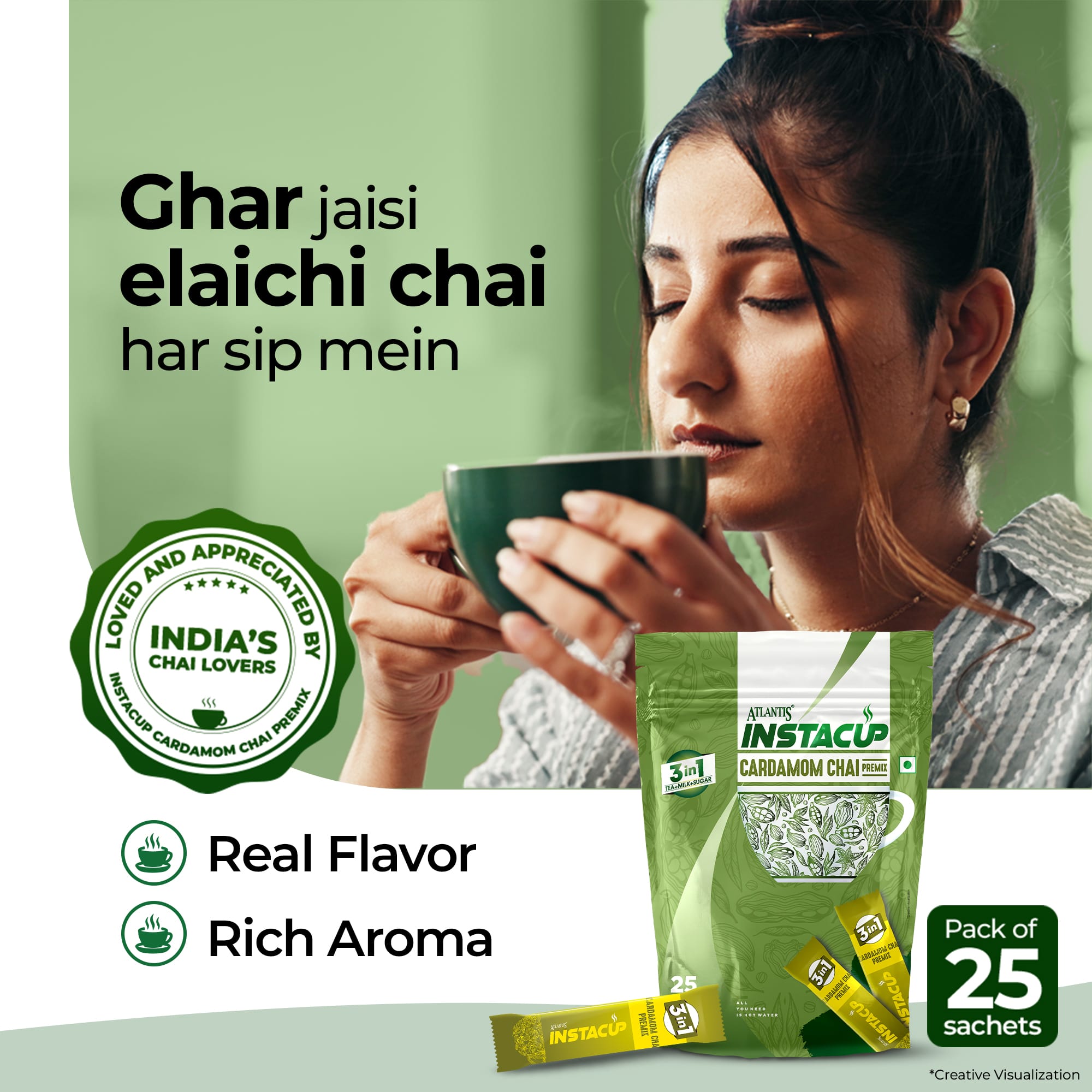 ATLANTIS INSTACUP 3-IN-1 Cardamom Chai Premix Single Serve Sachets Pack view 2