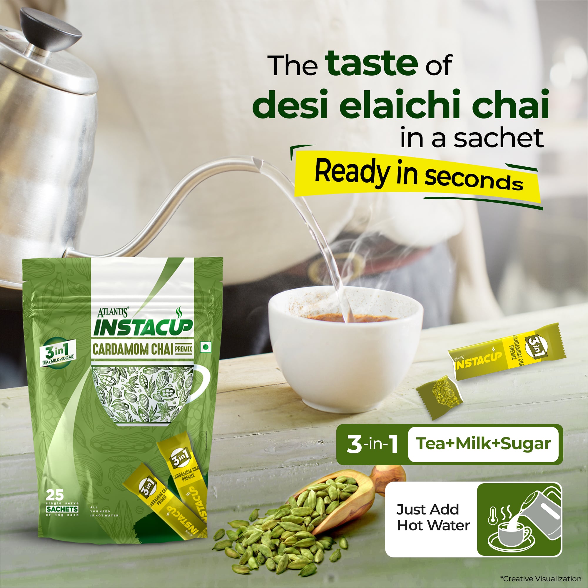 ATLANTIS INSTACUP 3-IN-1 Cardamom Chai Premix Single Serve Sachets Pack view 3