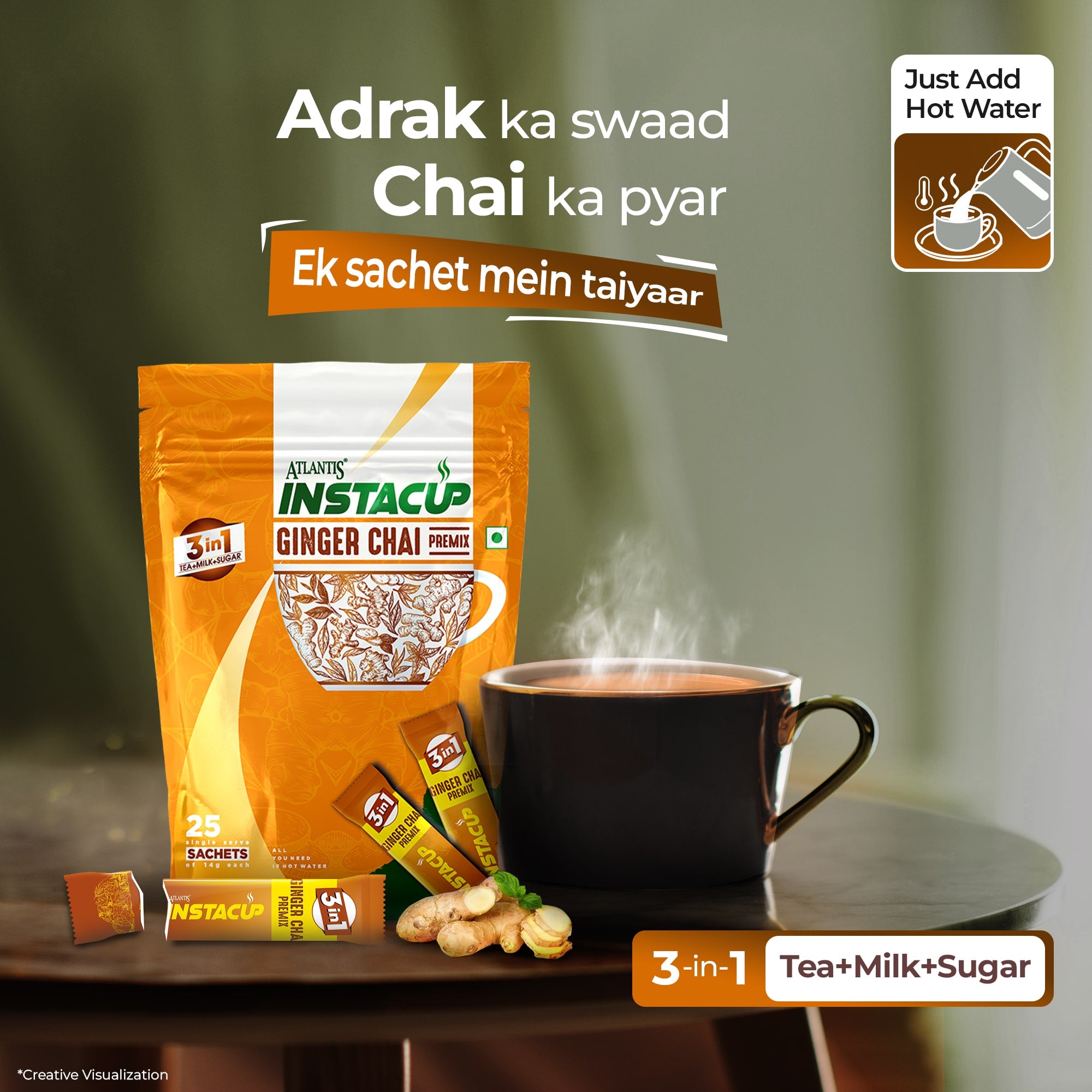 ATLANTIS INSTACUP 3-IN-1 Ginger Tea Premix Single Serve Sachets Pack view 5