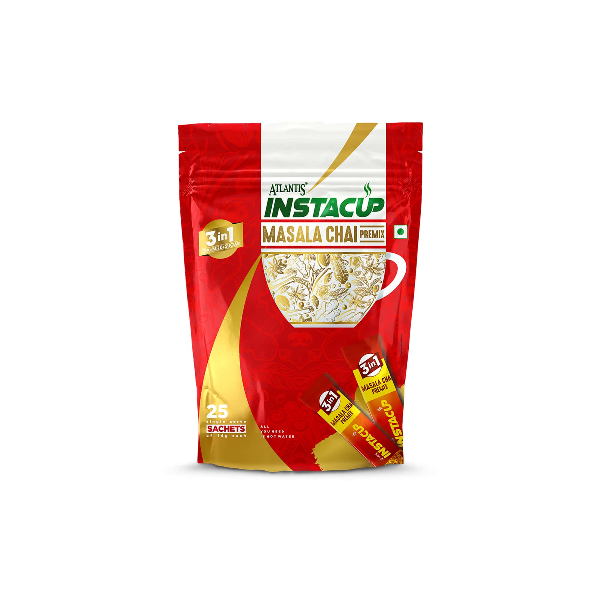 Atlantis InstaCup 3-IN-1 MASALA Chai Premix Single Serve Sachets Pack