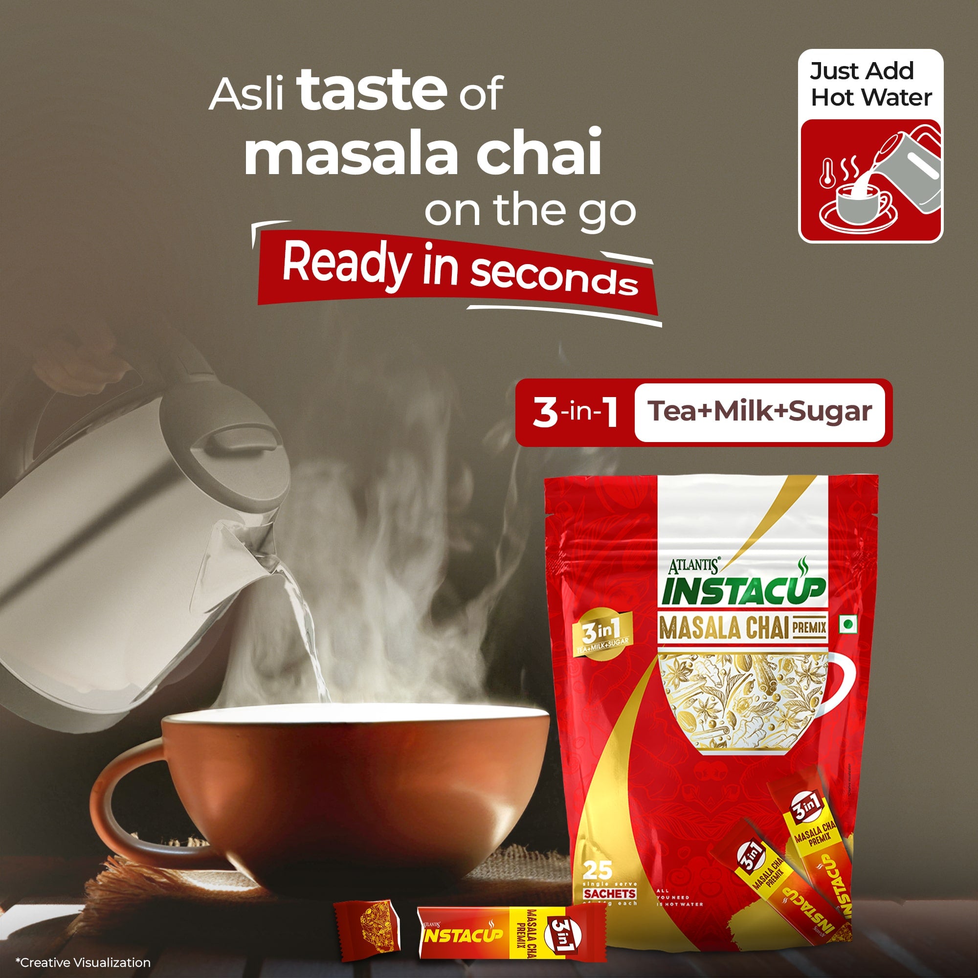 Atlantis InstaCup 3-IN-1 MASALA Chai Premix Single Serve Sachets Pack view 12