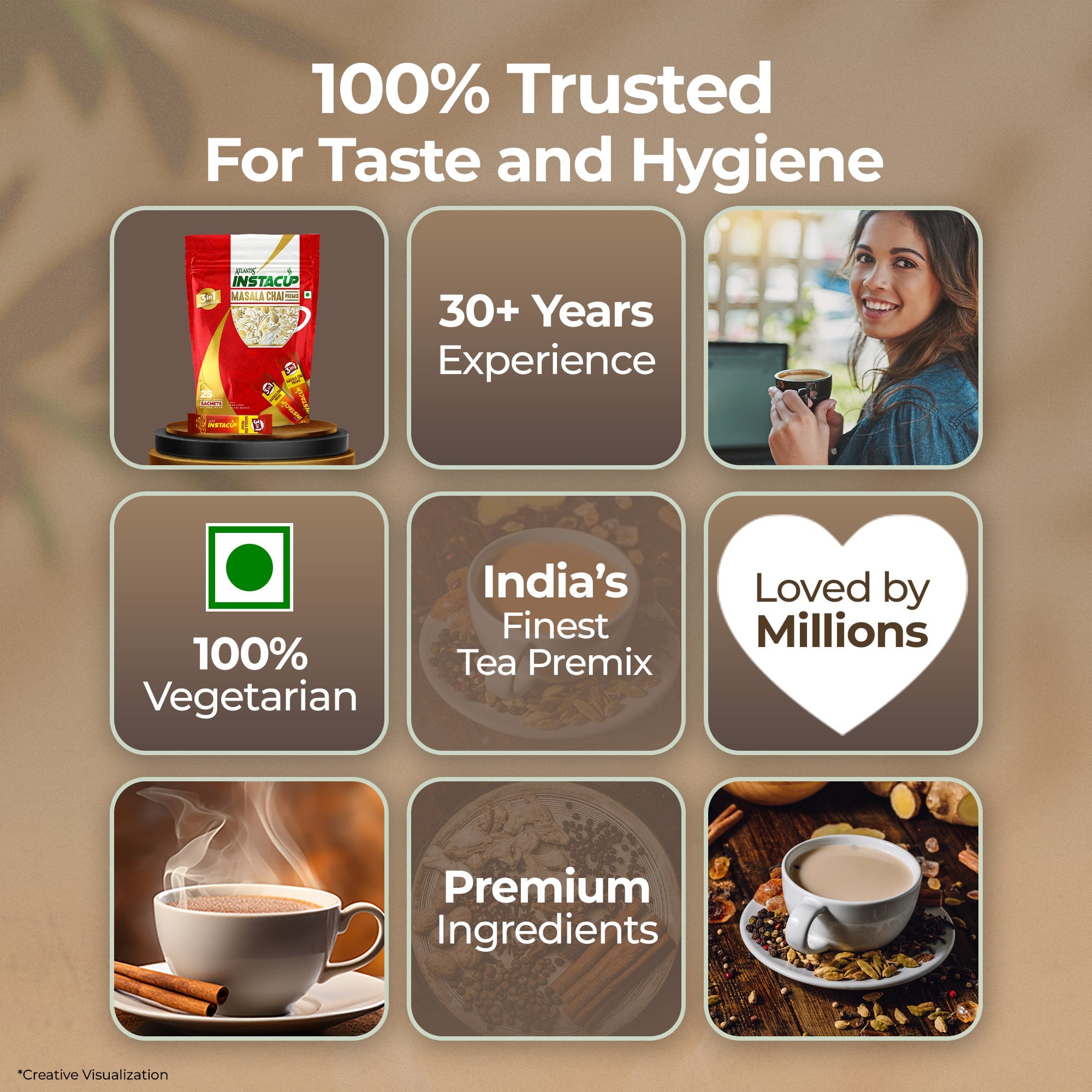 Atlantis InstaCup 3-IN-1 MASALA Chai Premix Single Serve Sachets Pack view 3