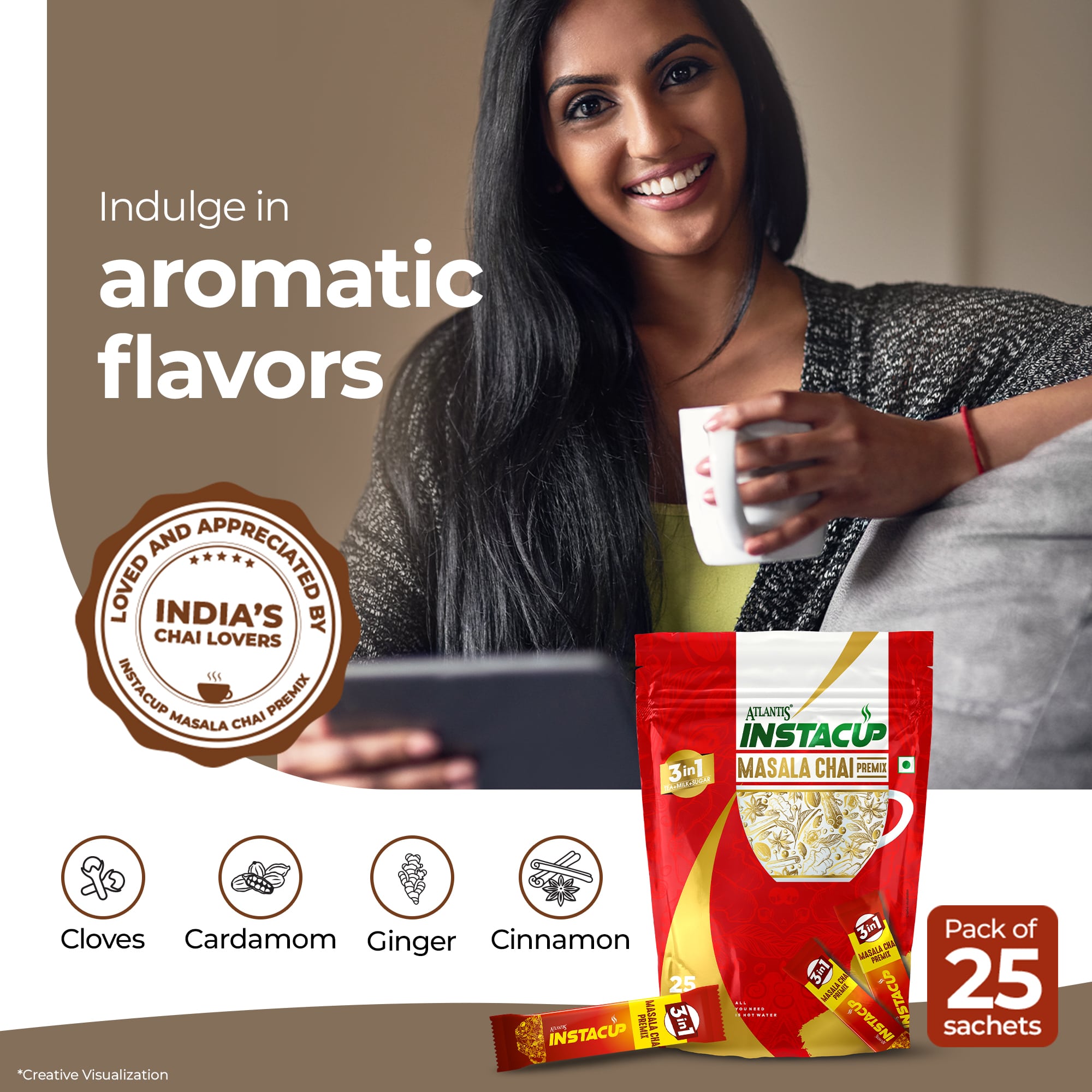 Atlantis InstaCup 3-IN-1 MASALA Chai Premix Single Serve Sachets Pack view 8