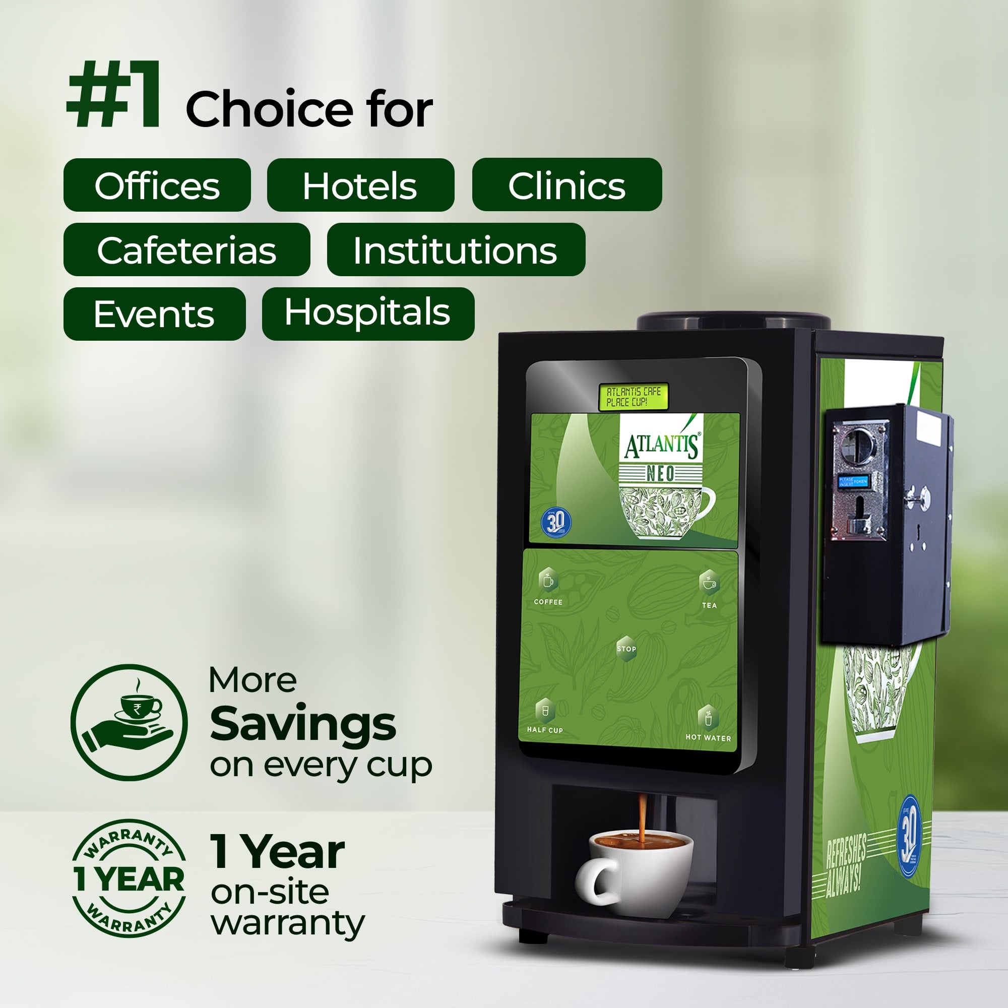 ATLANTIS NEO COIN OPERATED 2-Lane Tea and Coffee Vending Machine- Dedicated Hot Water view 8