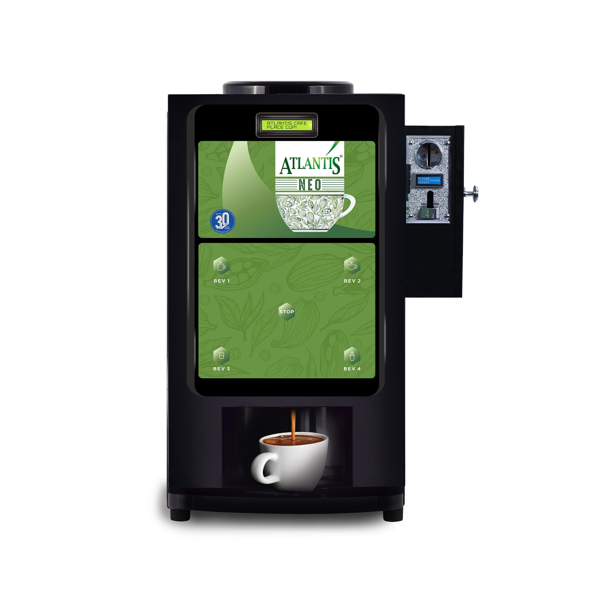 ATLANTIS NEO COIN OPERATED 3-Lane Tea and Coffee Vending Machine – Dedicated Hot Water