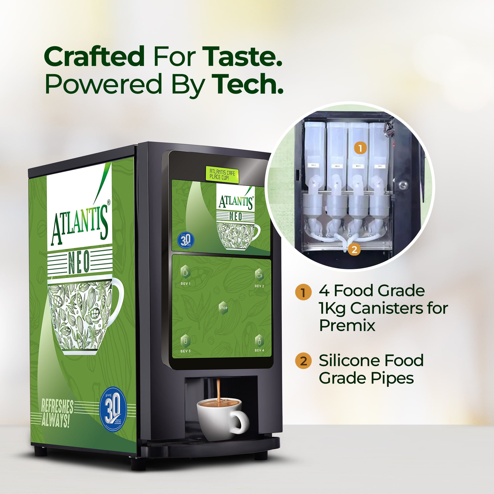 ATLANTIS NEO COIN OPERATED 4-Lane Tea Coffee Vending Machine – Dedicated Hot Water view 2
