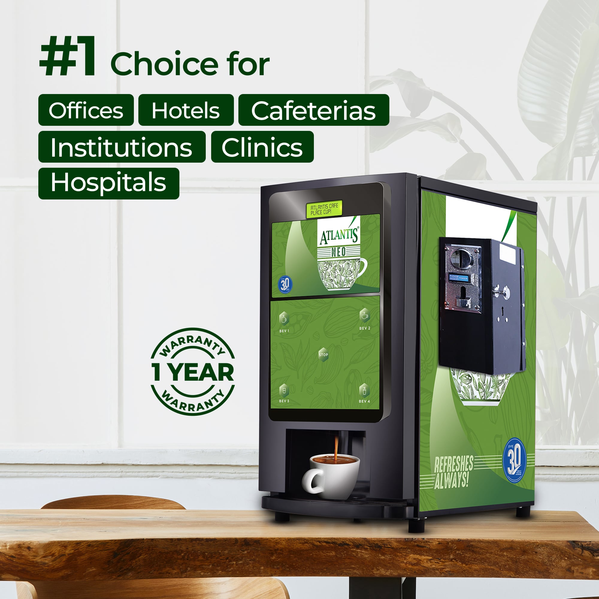 ATLANTIS NEO COIN OPERATED 4-Lane Tea Coffee Vending Machine – Dedicated Hot Water view 5