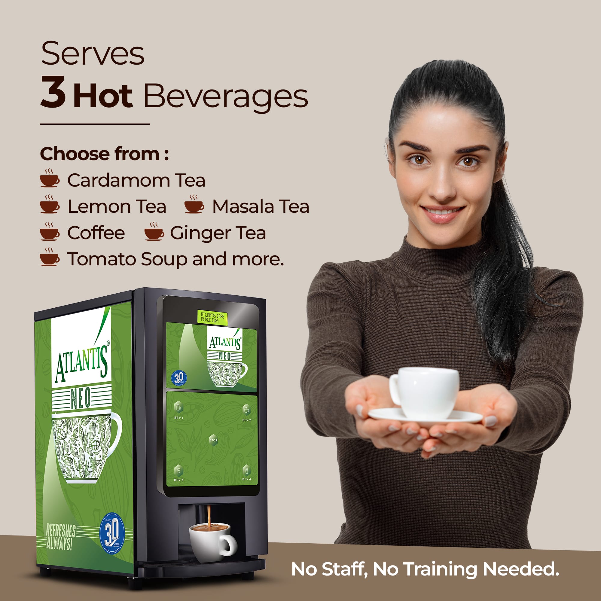 ATLANTIS NEO 3-Lane Tea and Coffee Vending Machine - Dedicated Hot Water view 4