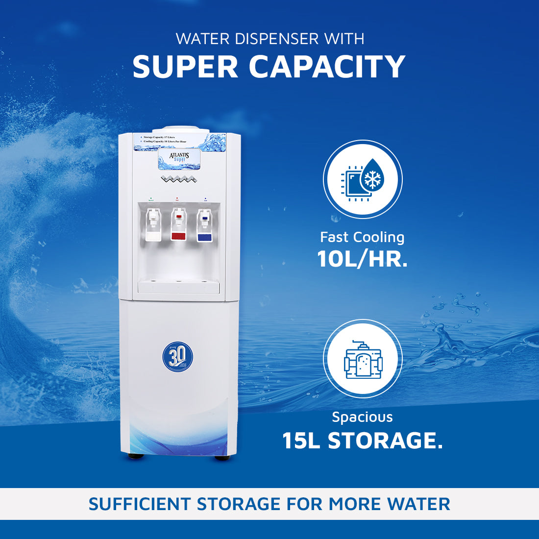 ATLANTIS SUPER Floor Standing Water Dispenser with RO Compatible (Available Space for RO Setup)- 3 Taps (15l Large Cold Tank Capacity) view 2